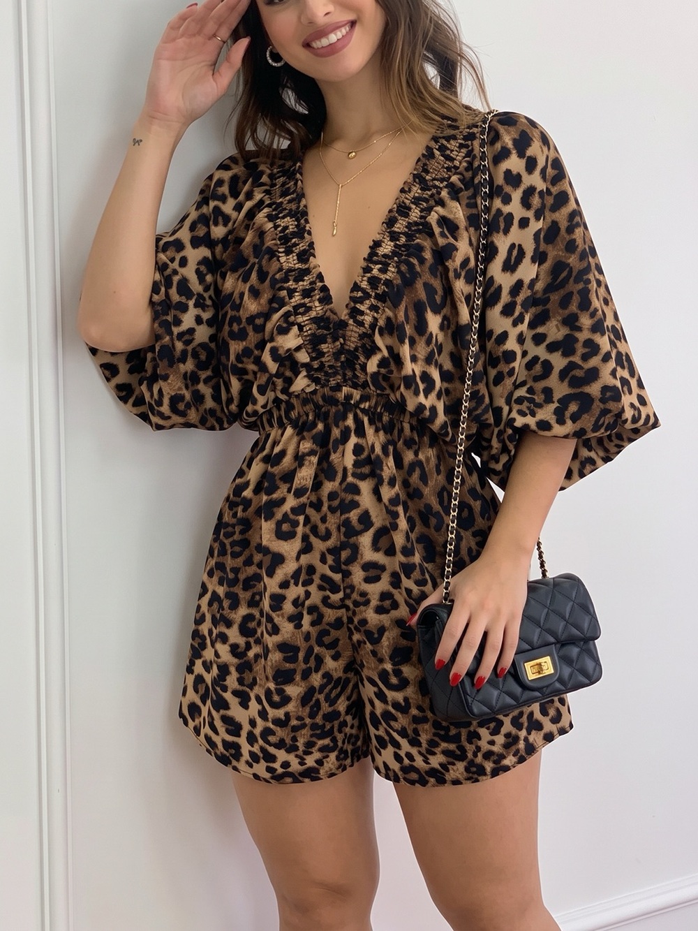 V-Neck Leopard Print Puff Sleeve Romper